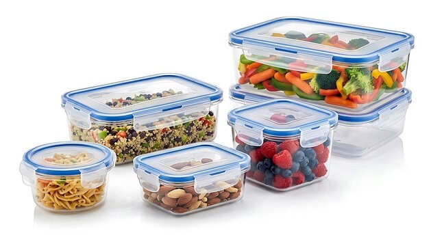Set of clear plastic food storage containers filled with healthy meals and fresh snacks for lunch. leak proof containers
