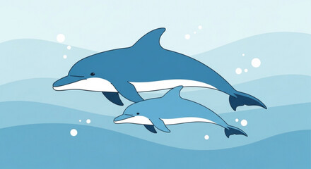 Obraz premium Two dolphins swim together in ocean waves