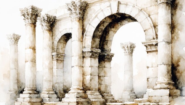 Elegant watercolor illustration of ancient stone arches and columns in sepia tones