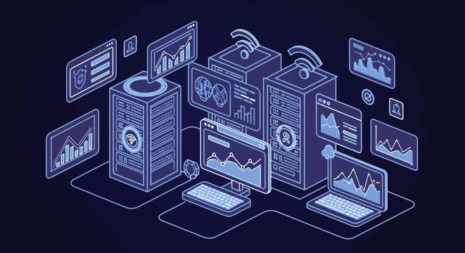 Digital data servers and computer screens showing analytics.
