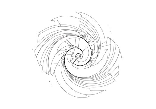 Abstract geometric spiral line art illustration, black and white vortex vector design