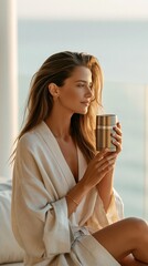 Obraz premium Serene Woman in Luxurious Robe Enjoying a Warm Beverage with Ocean View Sunrise