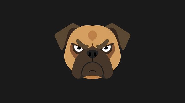 Suspicious grumpy dog wearing a detective hat, side-eye expression, permanent frown, simple flat vector illustration, minimalist cartoon mascot, isolated on black background, clean vector style.