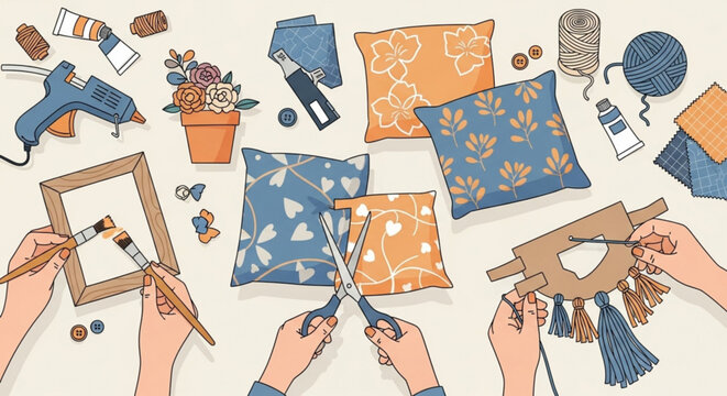 Hands engaged in various diy crafting activities with tools