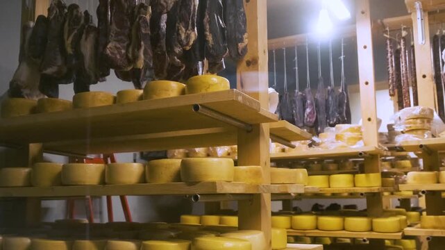 Various cuts of dried, cured meat and sausages hang above wooden shelf lined with several wheels of aged cheese in traditional deli. Dairy storage room on small cheese farm. Food production process