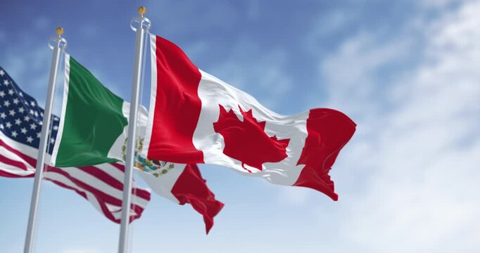 National flags of Canada Mexico and United States waving