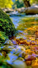 Fototapeta premium Vibrant Close-Up of a Moss-Covered Rock and Crystal Clear Stream Bed with Colorful Reflections