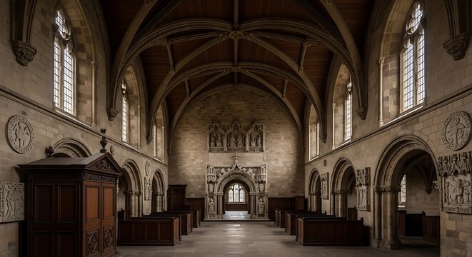 Historic church interior with vaulted arches and pews.