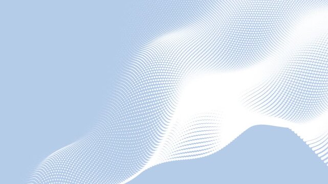 Abstract background animation featuring soft light blue dot particle waves flowing smoothly across a clean backdrop, creating a minimal halftone loop template with left side copy space