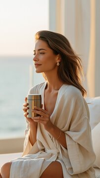 Serene woman in a robe enjoying a warm beverage by the ocean at sunrise, embodying peace and relaxation