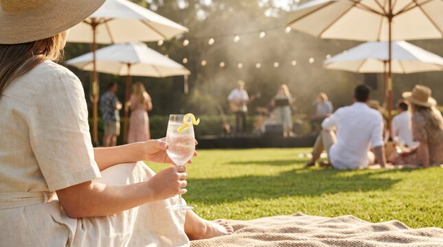 Young woman holding cocktail glass at outdoor garden party with live music and people relaxing on lawn under umbrellas