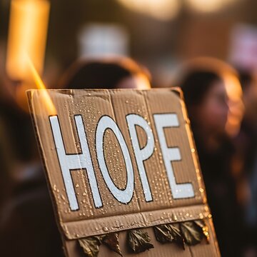 Hope Sign at Crowd Rally with Warm Lighting.