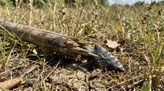Fragmented ancient wooden spear with a broken flint tip lying on the dry ground