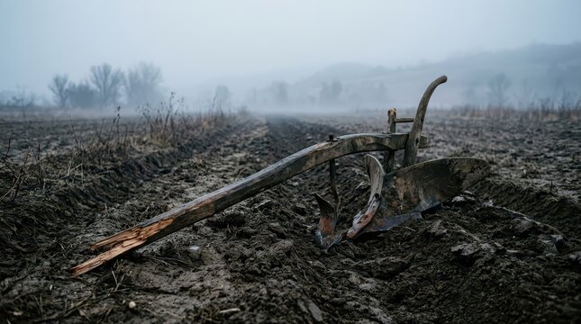 Old Wooden Plow Resting in a Furrowed Field on a Misty Day