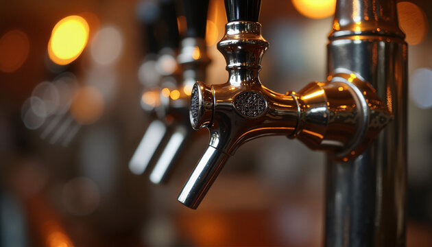 Close-up of shiny beer tap with blurred background in dimly lit bar setting. Beer tap features polished metal finish and is part of a stylish bar design.