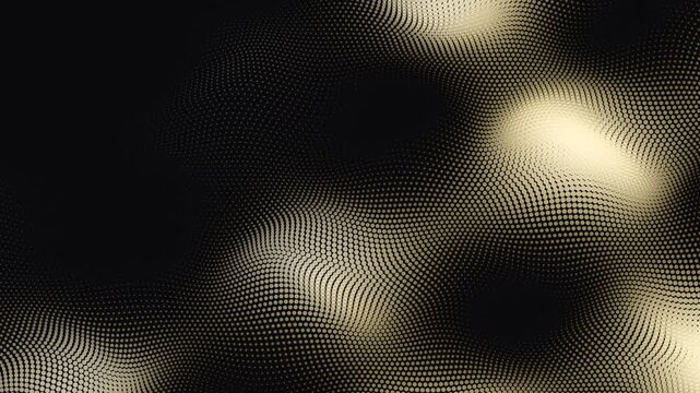 Luxury abstract background animation featuring glowing golden dot particle waves rippling smoothly across a dark backdrop, perfect elegant loop template with copy space