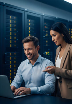 IT Professionals Collaborating in Modern Data Center Server Environment