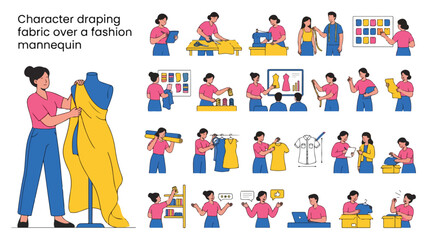 Fototapeta premium Fashion designer character draping fabric over a mannequin, professional seamstress and tailor icons set, dressmaking workshop vector illustrations