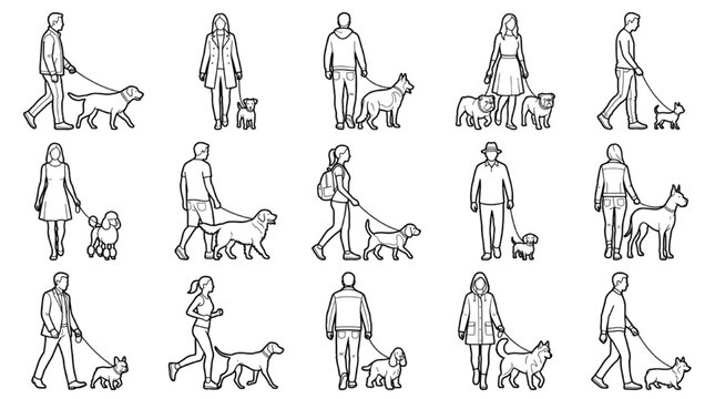 Architectural Entourage Person Walking Dog Leash Breeds Labrador Poodle Bulldog Shepherd Dachshund Line Art Vector Set