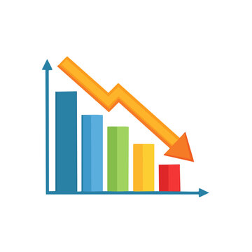 Downward trend bar chart with arrow in flat design