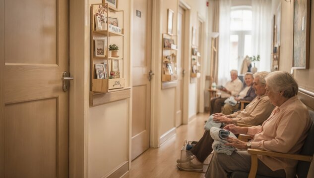 Activitytime medium shot showing residents participating in a calming group activity near their rooms with secure doors and memory boxes in sharp relief and background slightly
