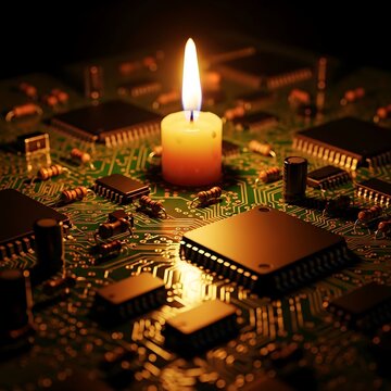 Illuminated Candle On Circuit Board Scene.