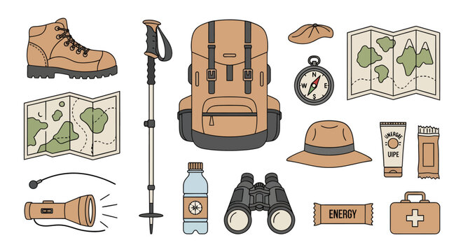 Hiking Equipment Set including backpack hat flashlight binoculars water bottle map compass trekking poles and energy bars for outdoor adventure