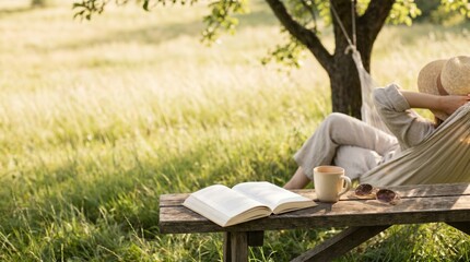 Fototapeta premium Young woman relaxing in a hammock in a sunny meadow with a book and coffee, concept of slow living, mindfulness, and summer leisure time in nature