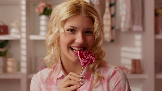Playful Caucasian teen girl biting heart shaped lollipop in pink bathroom smiling look at camera blonde woman enjoying sweet candy flirty beauty portrait sugary treat fun dessert glamour home interior
