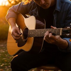 Obraz premium Man Playing Acoustic Guitar Outdoors At Sunset.