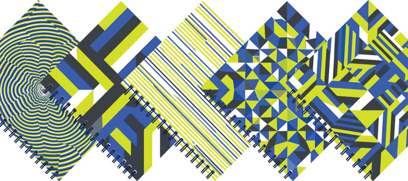 Set of modern abstract geometric notebook covers with vibrant blue and yellow pattern designs