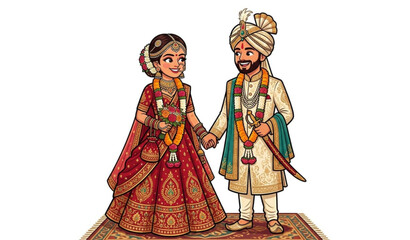 Obraz premium Traditional Indian Wedding Bride and Groom Cartoon Illustration in Royal Attire