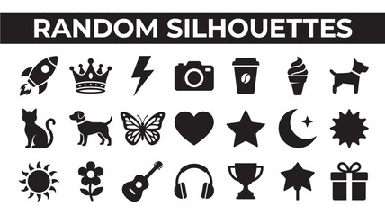 Fototapeta premium Random Silhouettes Icons Set, Flat Vector Collection with Animals Camera Crown Music Gift and Creative Symbols