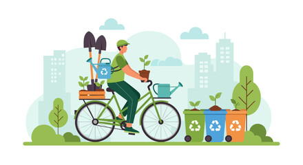 Naklejka premium Man riding bicycle with gardening tools and plants in city.