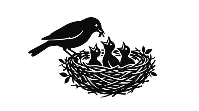 Minimalist bird silhouette feeding chicks in nest, black and white mother bird vector illustration, wildlife nature icon for logo design
