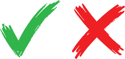 Hand drawn green check mark and red cross mark brush stroke icons © Rehena