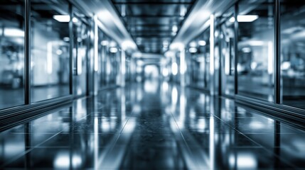 Fototapeta premium Reflective Modern Office Corridor with Blurred Background and Blue Tones