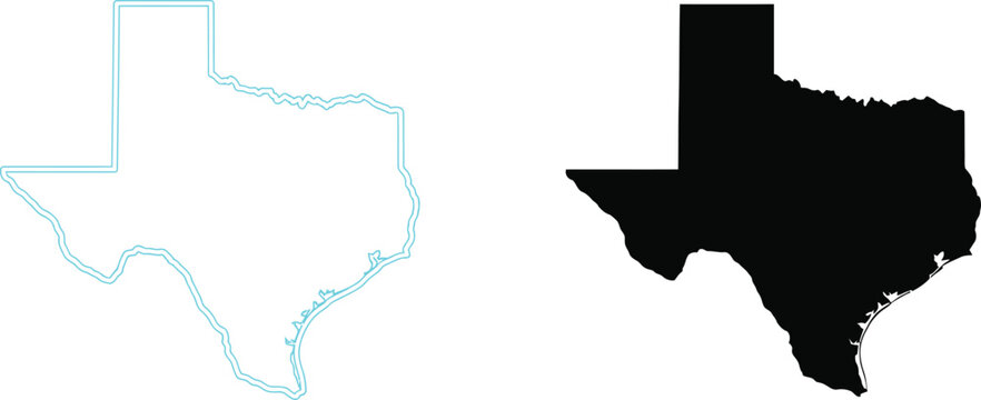 Texas state map outline and solid black silhouette shape icon