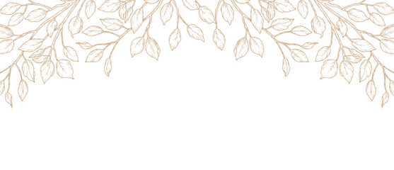 Fototapeta premium Floral background in line art style with hand drawn branches and leaves isolated on white background. Botanical leaf frame, border. Vector pattern for wedding invitation, card, banner, cover