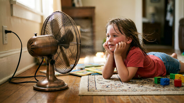little girl lying on floor in front of vintage metal fan during hot summer day