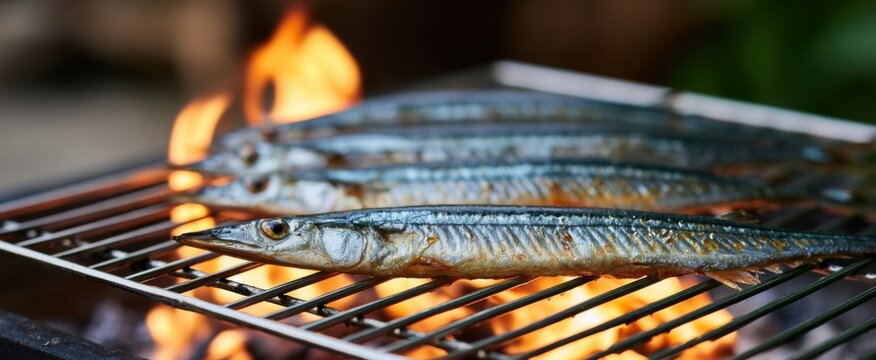 Needlefish grilling on stainless steel grate over open fire, whole needlefish cooking outdoors, street food seafood barbecue, summer grilling, outdoor kitchen seafood preparation.