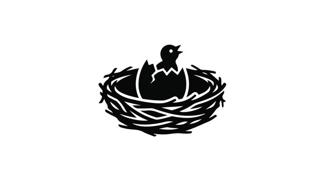 Minimalist bird nest icon with hatching chick, black and white vector illustration of newborn bird in eggshell, nature and birth concept graphic