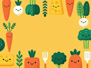 Fototapeta premium Whimsical Cartoon Vegetables and Cheese Frame, Perfect for Healthy Eating and Food Content
