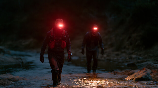 rogaining pair using red-light headlamps to navigate creek crossing at night checkpoint, map sealed in waterproof sleeve, remote bush terrain, September overnight endurance event,