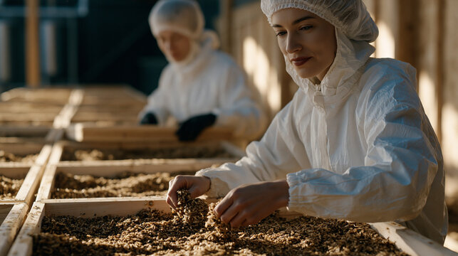 Workers in hairnets and biosecure suits harvest black soldier fly larvae from modular cultivation trays inside an insect protein farming facility, frass collection bins lining the