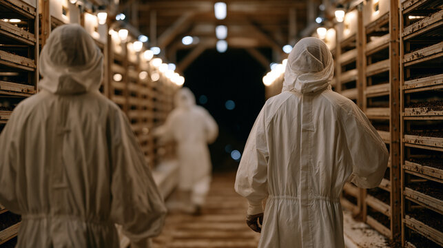 Workers in hairnets and biosecure suits harvest black soldier fly larvae from modular cultivation trays inside an insect protein farming facility, frass collection bins lining the