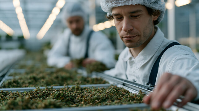Workers in hairnets and biosecure suits harvest black soldier fly larvae from modular cultivation trays inside an insect protein farming facility, frass collection bins lining the