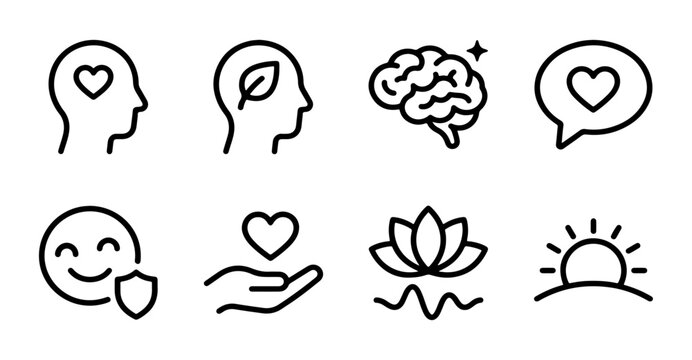 Mental health line icon set with mindfulness lotus brain and wellness symbols