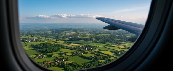 Fototapeta premium Lush green farmland and rural houses visible from an airplane window under clear summer skies.