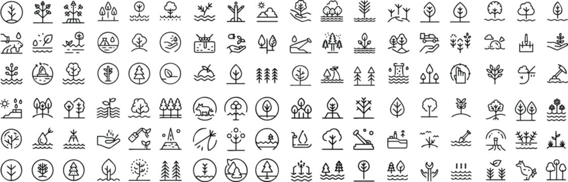A collection of stylized icons depicting various stages of plant growth, from seed to mature tree, emphasizing nature and environmental themes.